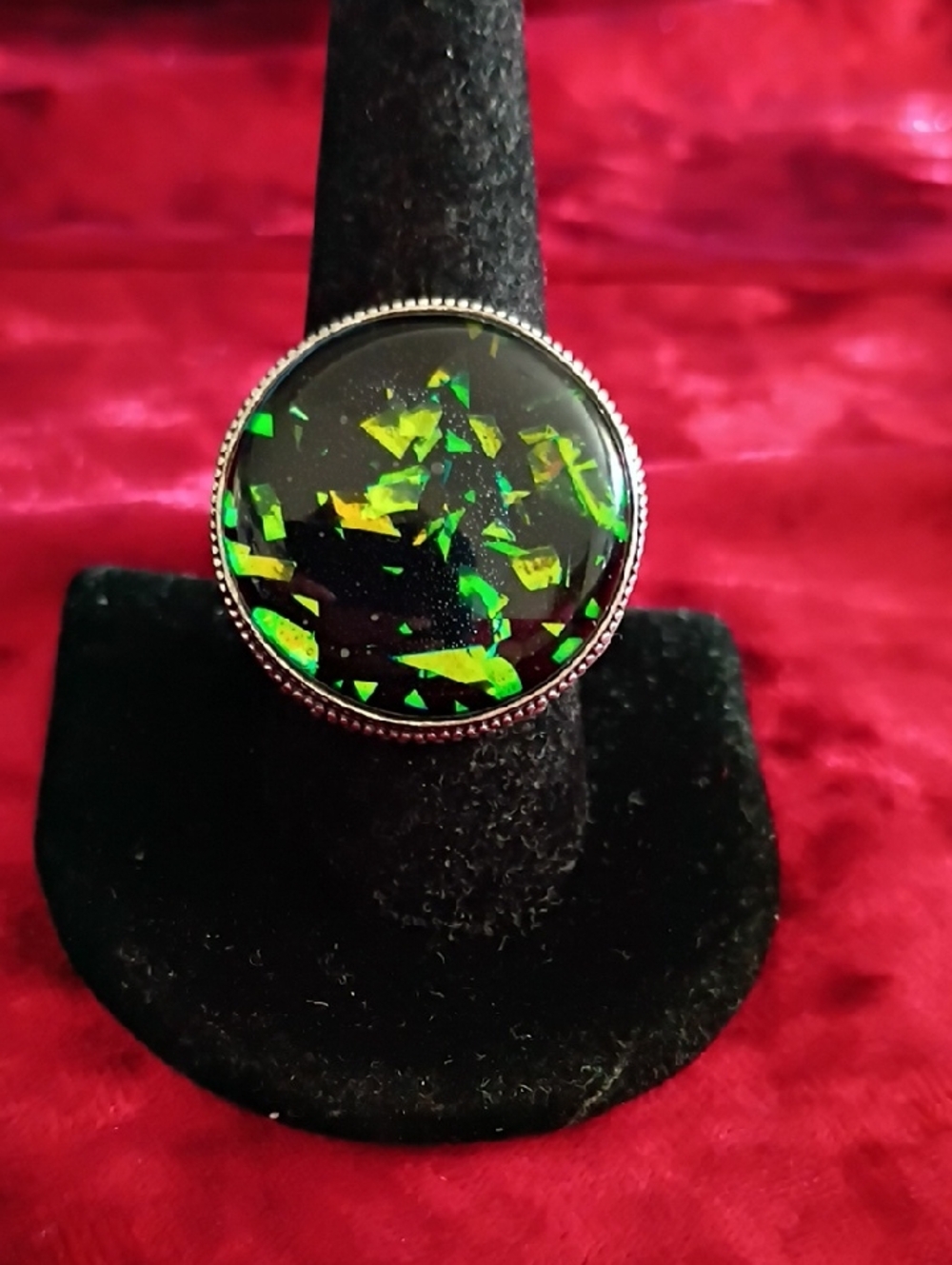Black Ring with Green Opal Shard Inlay - Women Jewelry. Size 9 Mans Ring